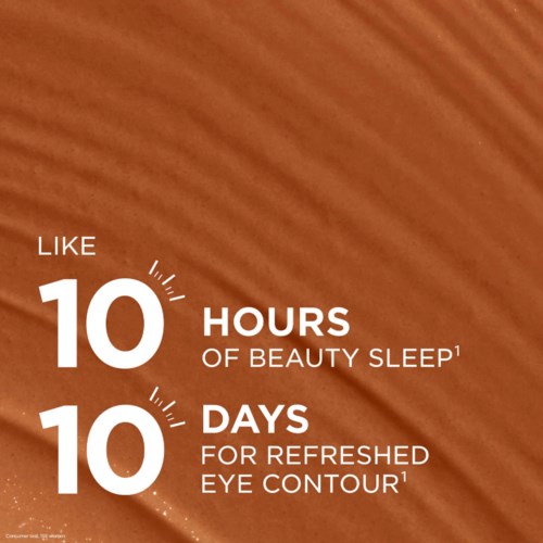 Text on a wooden background promoting 10 hours of sleep and 10 days for refreshed eye contour.