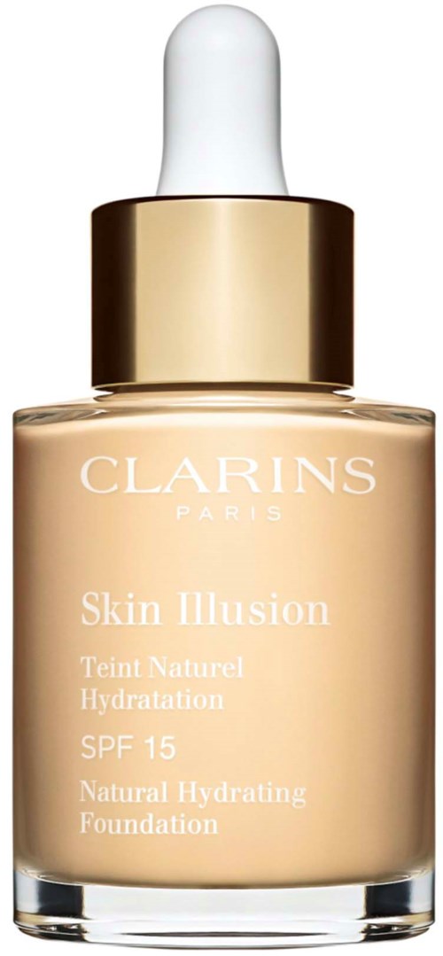 A foundation bottle with a white dropper cap, gold band, and light beige liquid inside. Clarins logo and product details on the front.