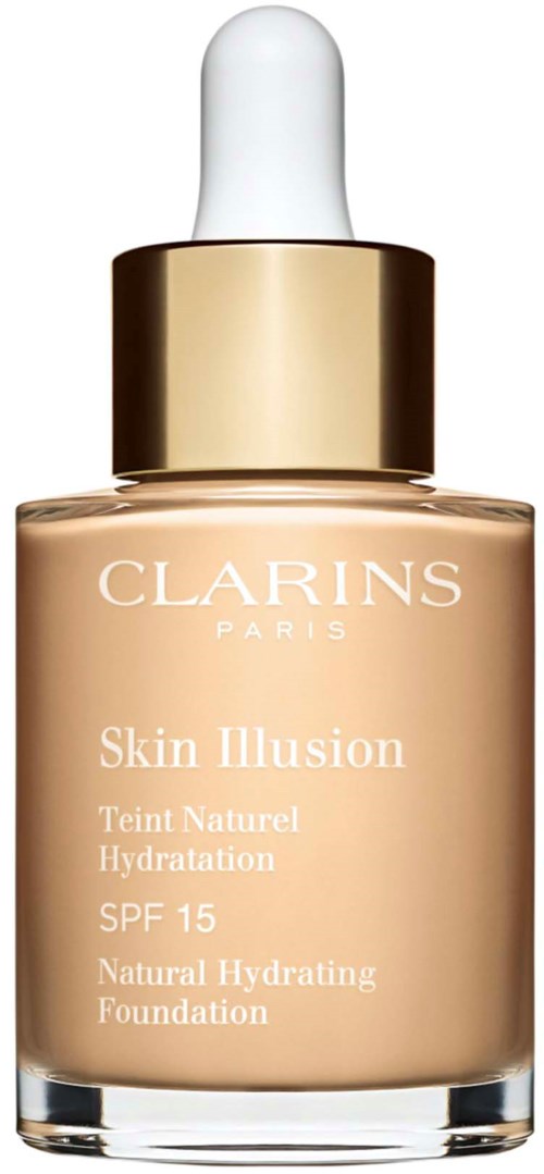 Clarins Skin Illusion foundation bottle with dropper, labeled for natural hydration and SPF 15.