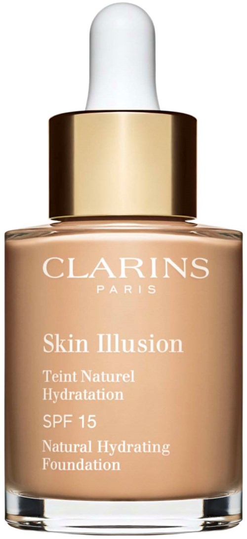 A foundation bottle with a white dropper cap, gold collar, and beige liquid inside. It’s labeled Clarins Skin Illusion.