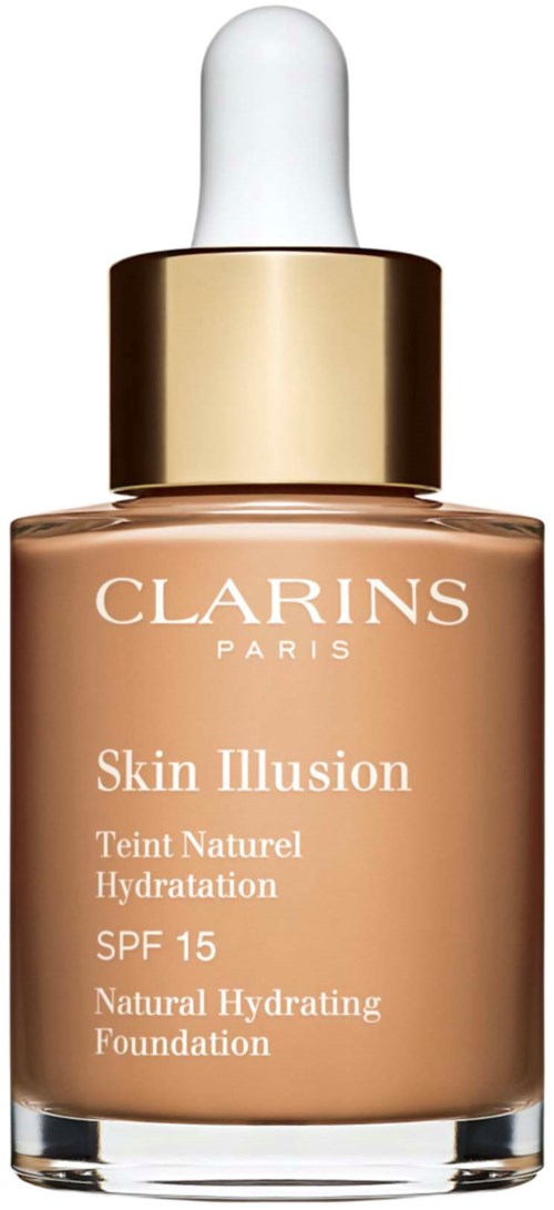 A bottle of Clarins Skin Illusion foundation with a dropper cap and natural beige color.