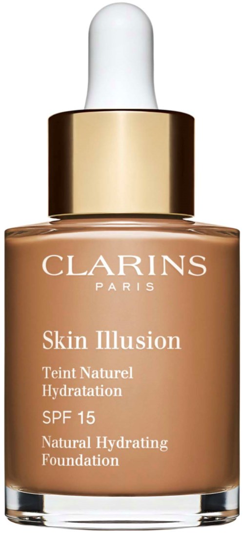 Clarins Skin Illusion foundation bottle with dropper, gold cap, and beige liquid inside.