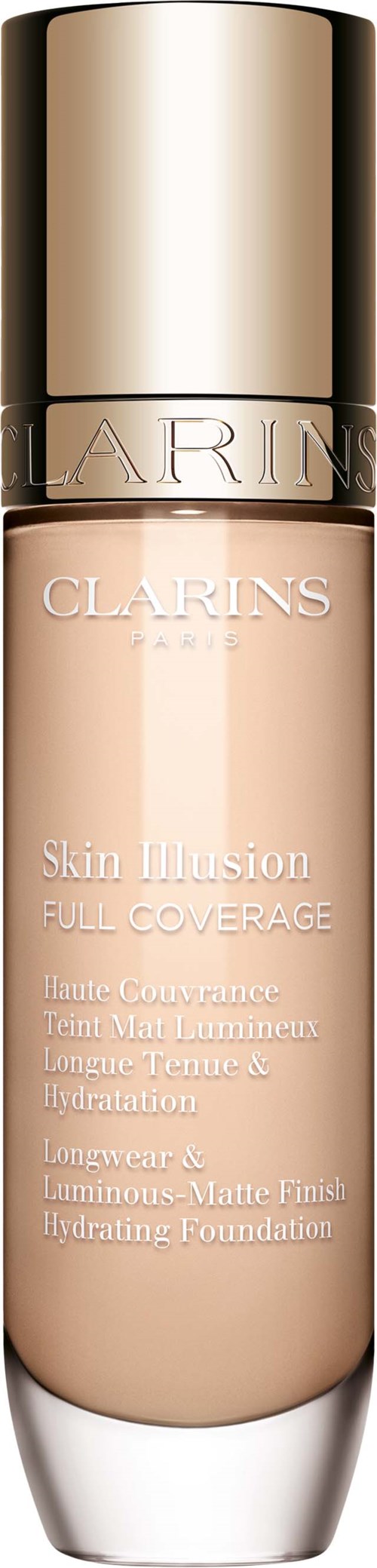 A bottle of Clarins Skin Illusion Full Coverage foundation with a gold cap and beige liquid inside.