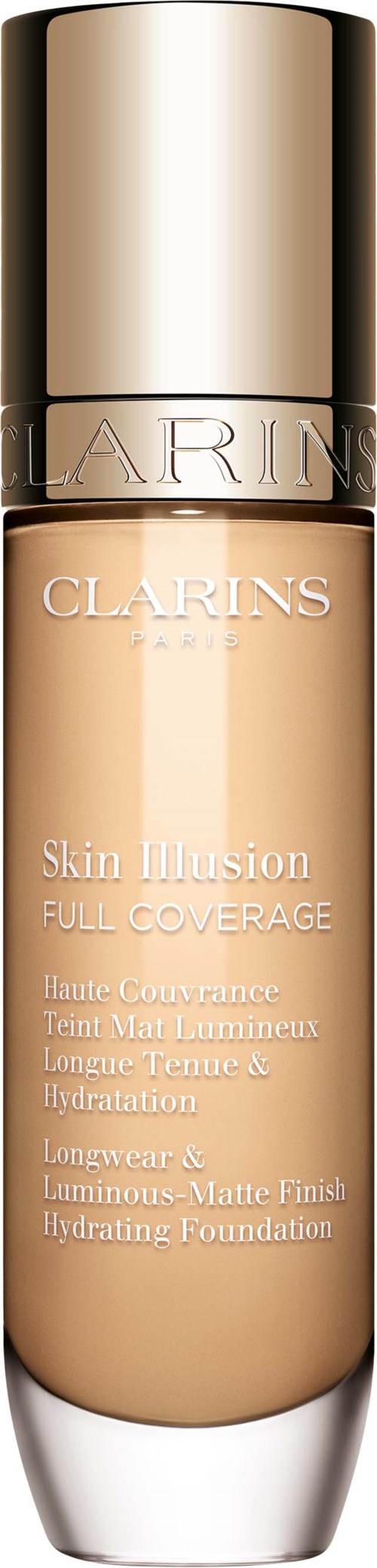 Een fles Clarins Skin Illusion foundation met een gouden dop en beigetje vloeistof binnen.