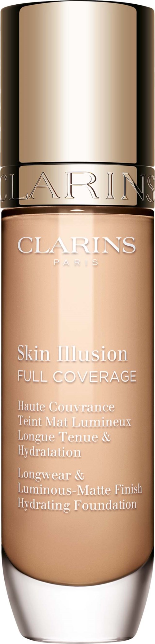 A bottle of Clarins Skin Illusion foundation with a gold cap and beige liquid inside.