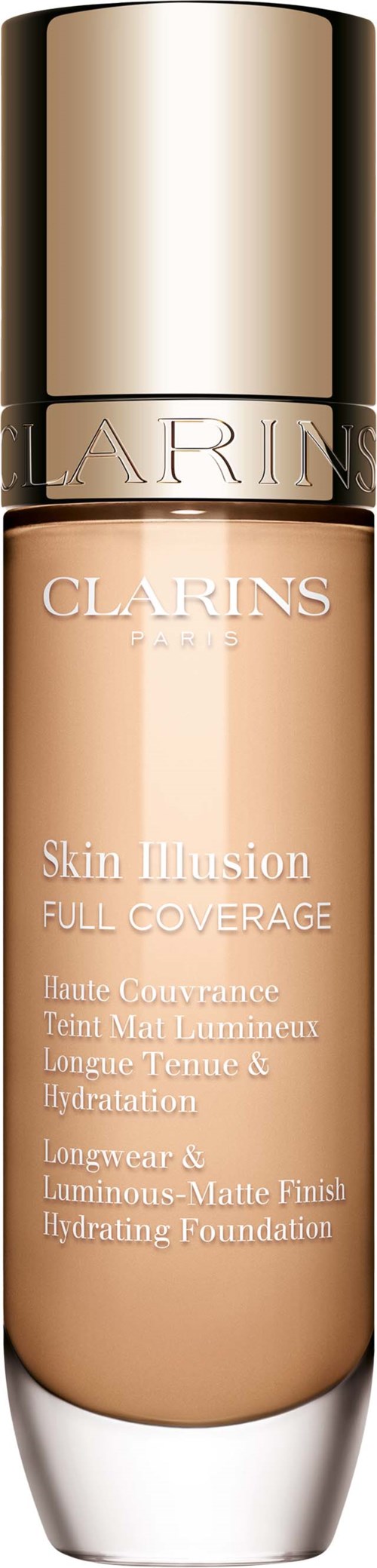 A beige foundation bottle with a gold cap, labeled Clarins Skin Illusion Full Coverage.
