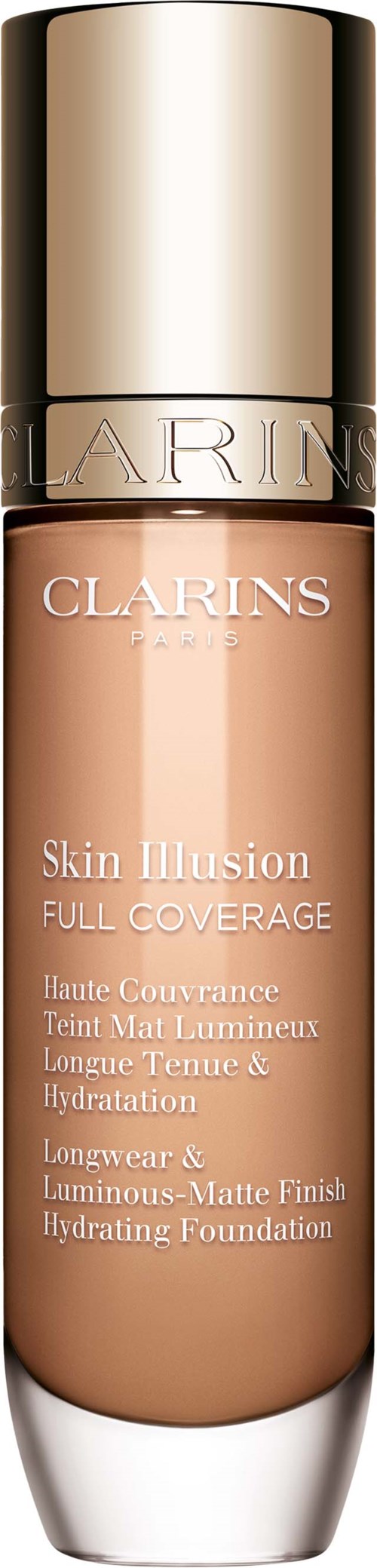 A bottle of Clarins Skin Illusion foundation with a gold cap and beige liquid inside.