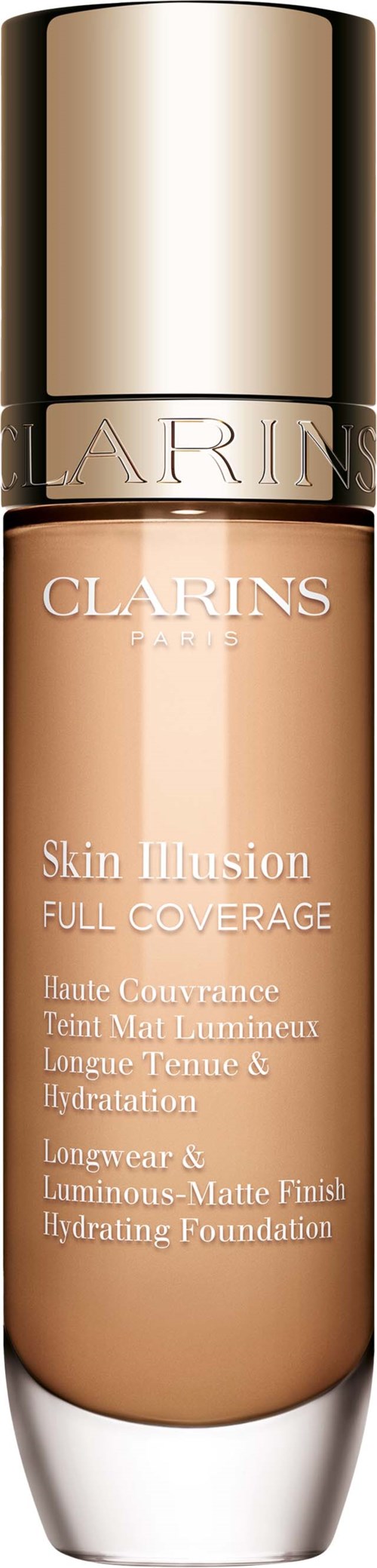A bottle of Clarins Skin Illusion foundation with a gold and silver cap, beige liquid product inside.