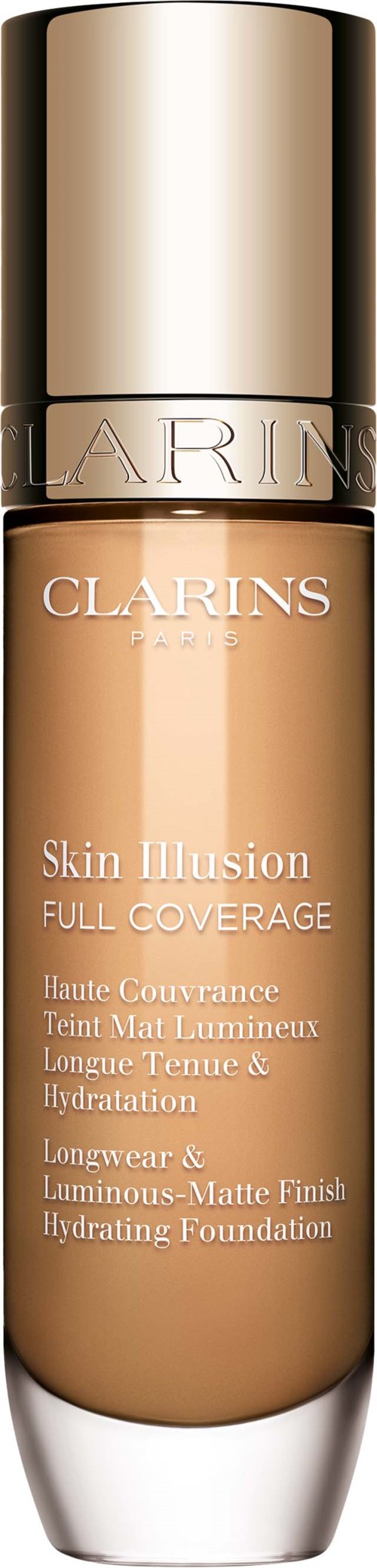 A bottle of Clarins Skin Illusion Foundation with a gold and white cap, showing product details on the front.