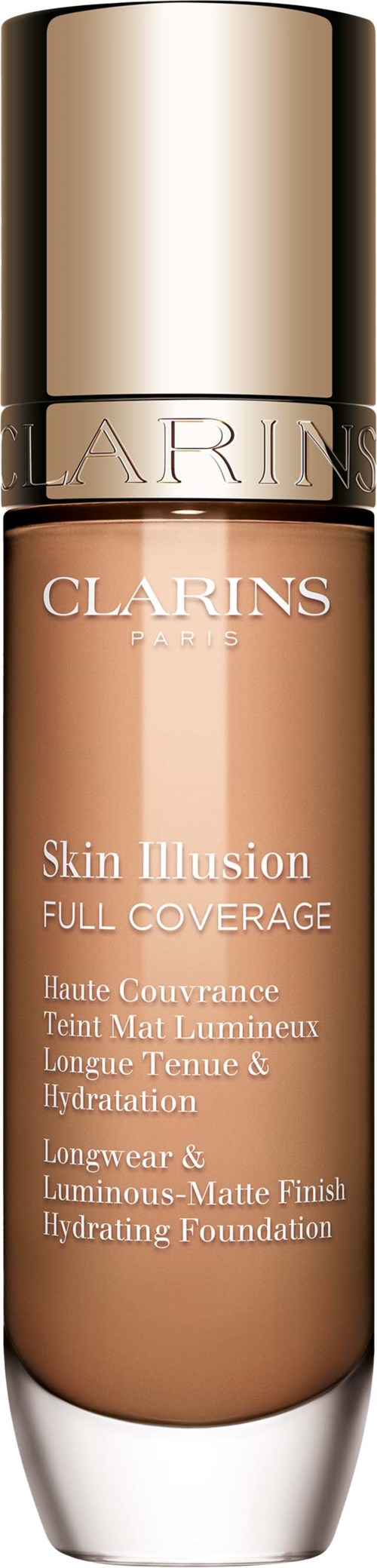 A bottle of Clarins Skin Illusion foundation with gold cap and peach-colored liquid inside.
