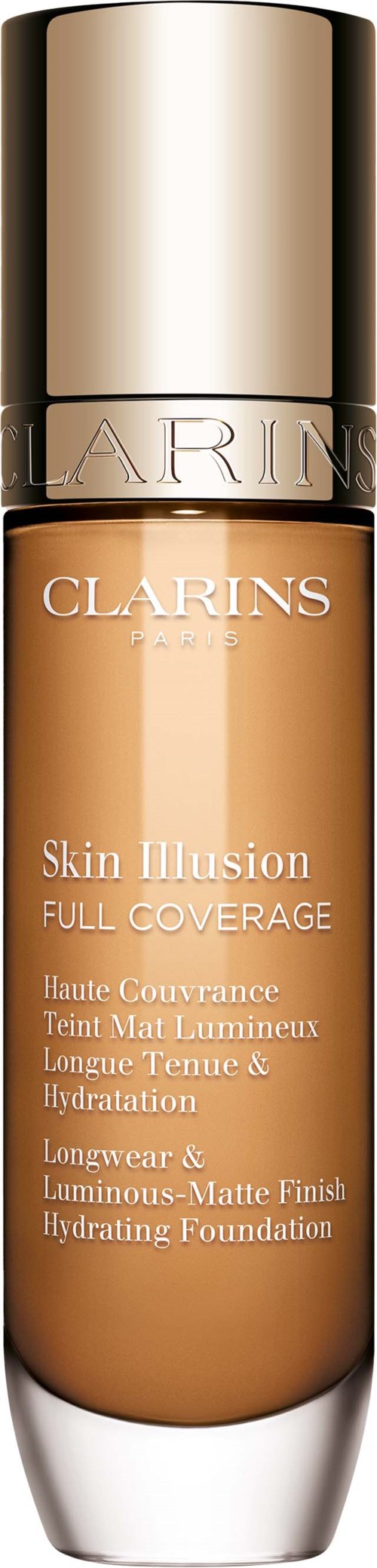 A bottle of Clarins Skin Illusion foundation with a gold and white cap, showing full coverage and hydrating properties.