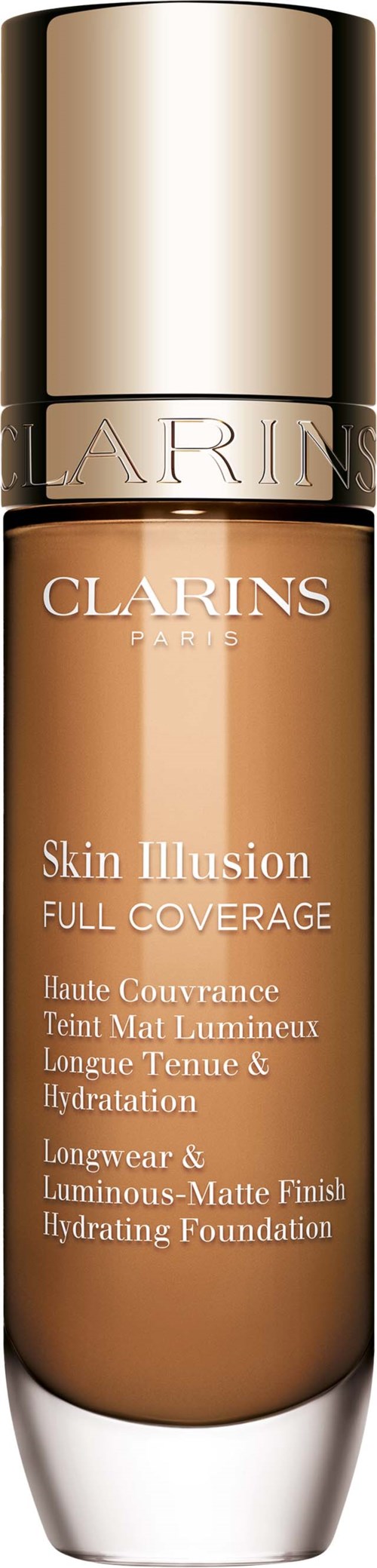 A tall, brown foundation bottle with a shiny gold cap, labeled Clarins Skin Illusion Full Coverage.