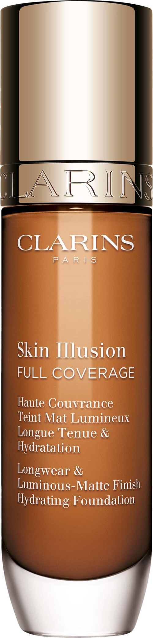 A tall bottle of Clarins Skin Illusion Foundation with a gold cap and brown liquid inside.