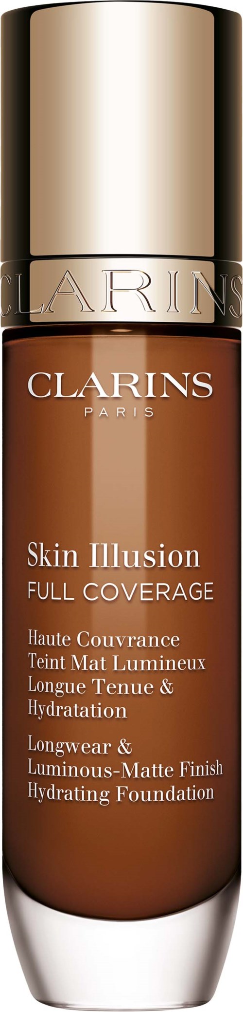 A bottle of Clarins Skin Illusion Full Coverage foundation with a gold cap and brown liquid inside.