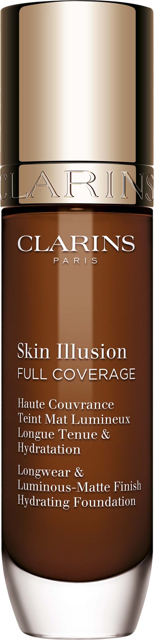 A bottle of Clarins Skin Illusion foundation with a gold cap and brown bottle label.