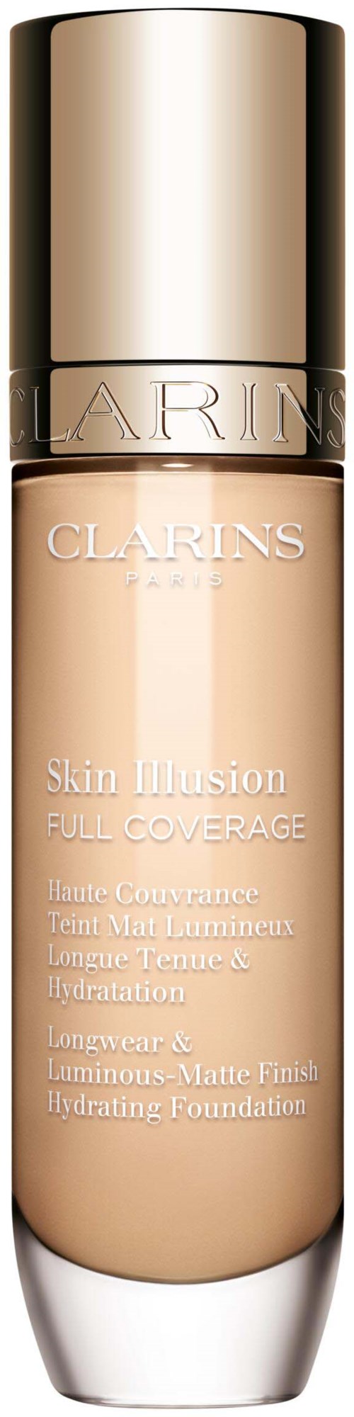 A foundation bottle with a beige body and a gold cap, labeled "Skin Illusion" by Clarins for full coverage.
