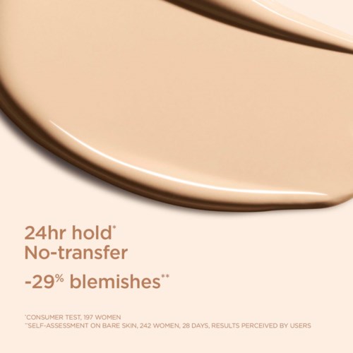 Cream-colored product with promises of 24-hour hold, no transfer, and fewer blemishes. Small print details included.