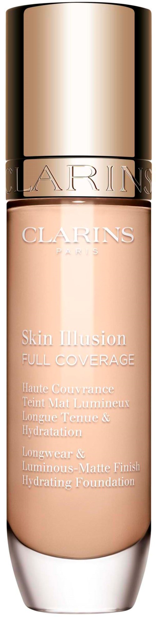A bottle of Clarins Skin Illusion foundation with a gold cap and beige liquid inside.