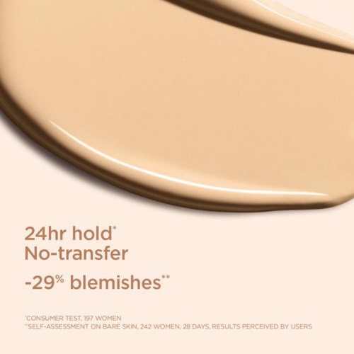 Text highlights product claims about 24-hour hold, no transfer, and fewer blemishes. Small print explains testing details.