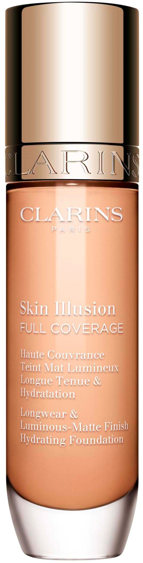 A bottle of Clarins Skin Illusion foundation with gold and silver cap, peach-colored liquid inside.