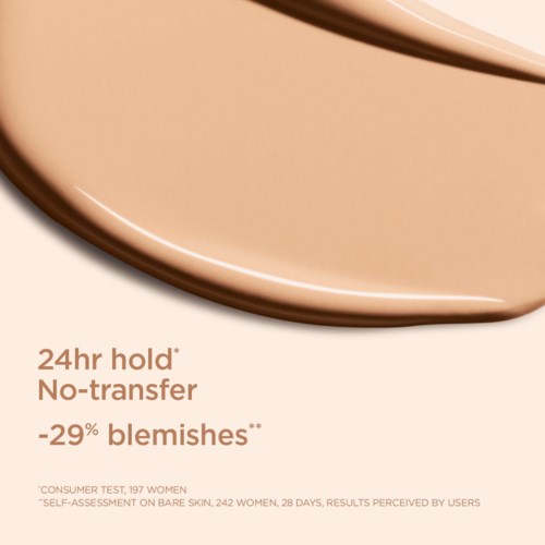 Text advertising a skincare product that reduces blemishes with 24-hour hold and no transfer.
