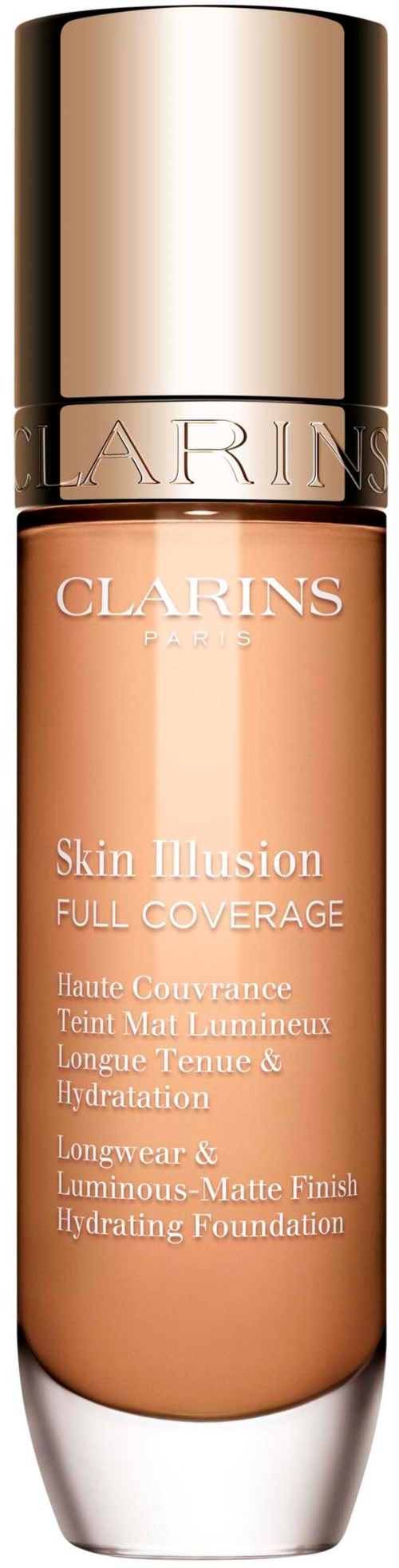A bottle of Clarins Skin Illusion foundation with a gold cap and peach-colored liquid inside.