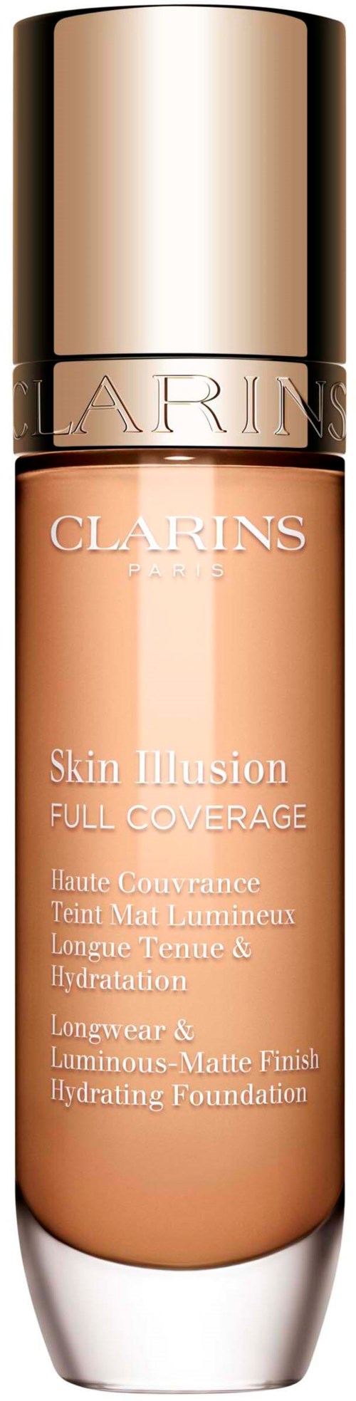 A bottle of Clarins Skin Illusion full coverage foundation with a gold cap and beige liquid inside.