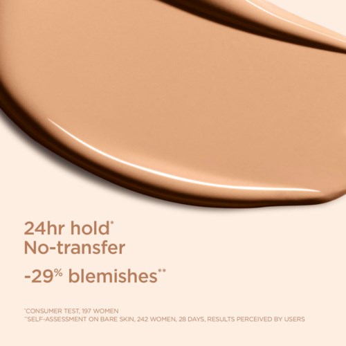 A beige product with text about 24-hour hold, no transfer, and fewer blemishes for skincare.