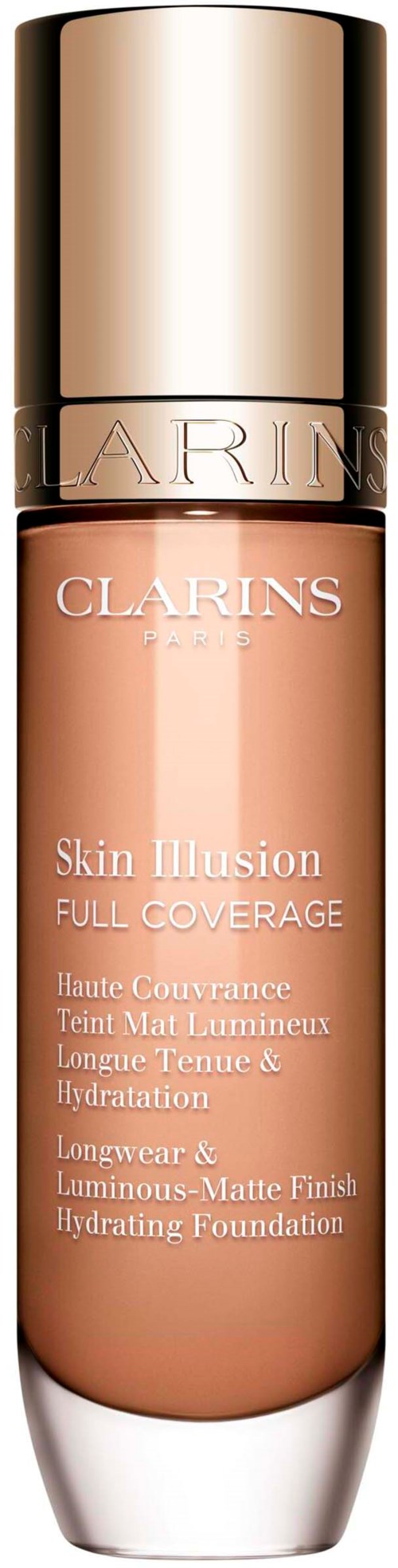 A tall, beige foundation bottle with a golden cap, labeled 'Clarins Skin Illusion Full Coverage'.