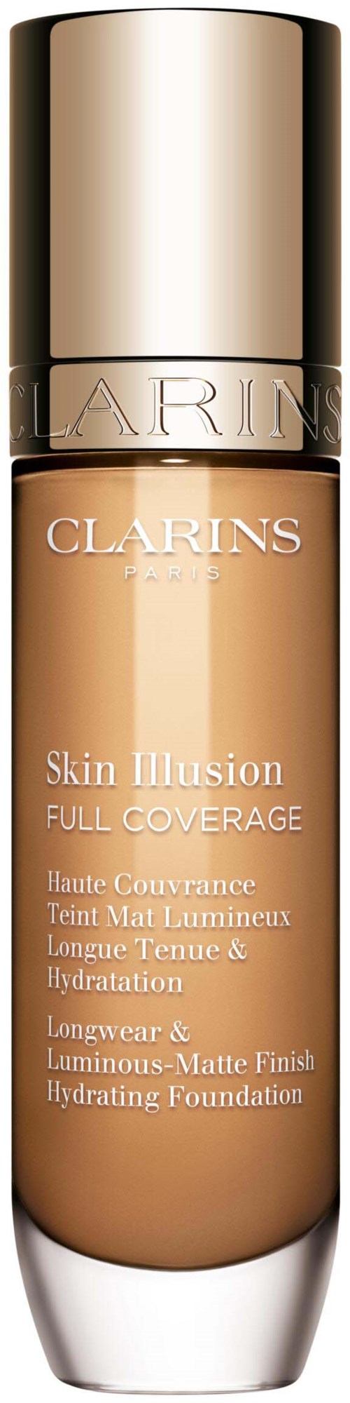 A bottle of Clarins Skin Illusion foundation with a gold cap and beige liquid inside.
