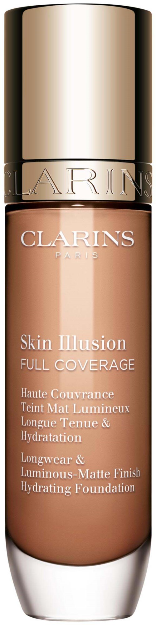 A bottle of Clarins Skin Illusion foundation with a gold cap and beige liquid inside.