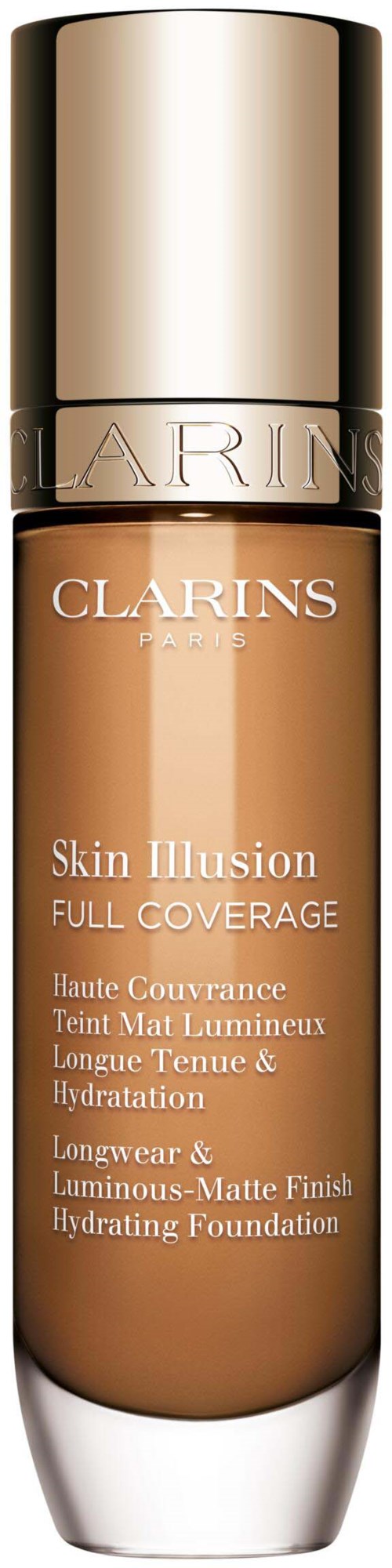 A foundation bottle with a golden cap and a beige body, labeled 'Clarins Skin Illusion Full Coverage' and descriptive text.