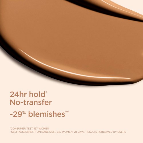 Text highlights benefits like 24-hour hold, no transfer, and fewer blemishes, with small print details at bottom.