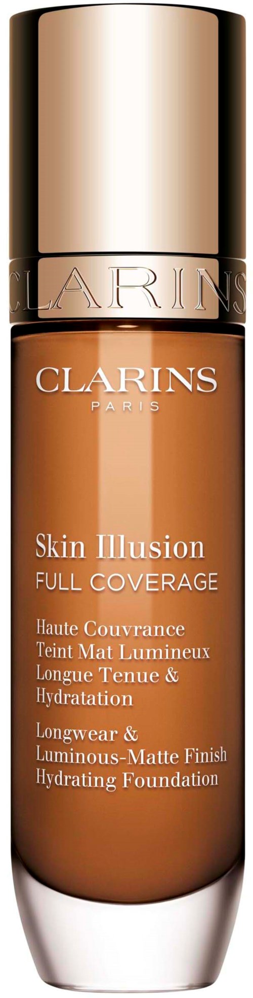 A foundation bottle with a gold cap and tan liquid, labeled as Skin Illusion Full Coverage by Clarins.