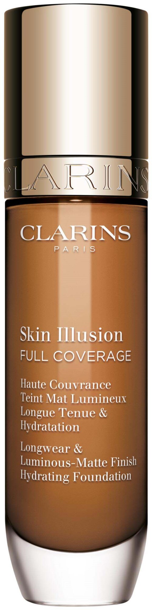A makeup bottle with a gold cap, labeled 'Clarins Skin Illusion Full Coverage' foundation.