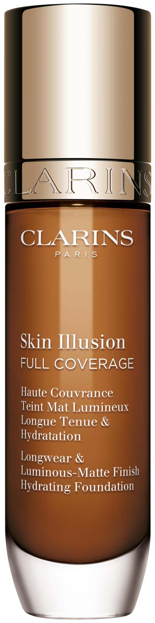 A bottle of Clarins Skin Illusion full coverage foundation, with a gold cap and brown liquid inside.