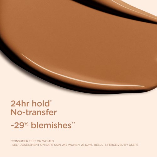 Text about skincare benefits, mentioning 24-hour hold, no transfer, and fewer blemishes.