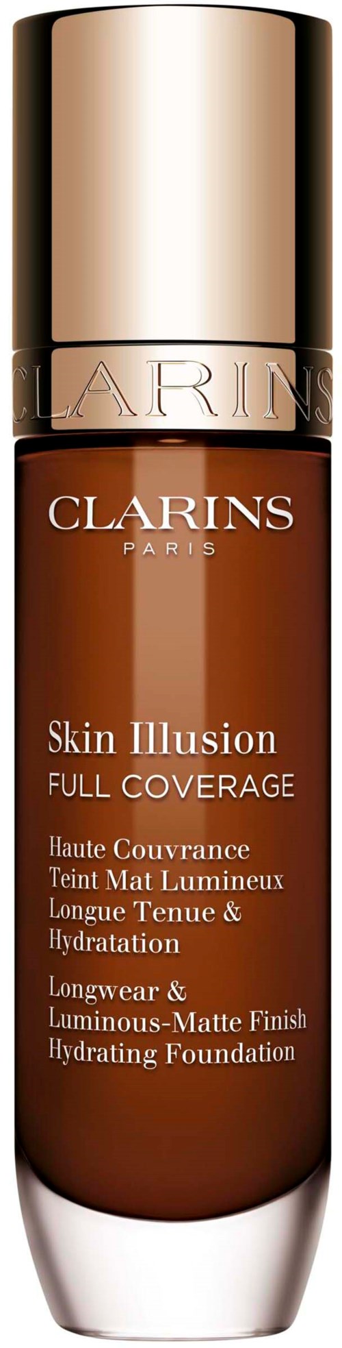 A bottle of Clarins Skin Illusion Foundation with a golden cap and brown body.
