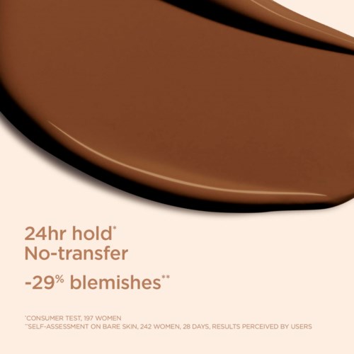 A brown beauty blender sponge with text about its features and benefits for skin. No transfer, fewer blemishes.