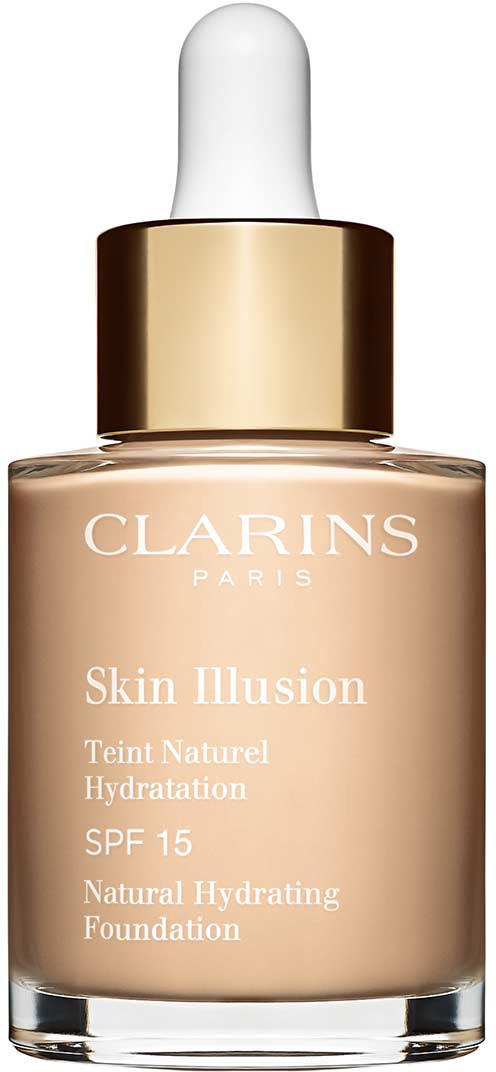 A bottle of Clarins Skin Illusion foundation with a white dropper cap and gold collar.