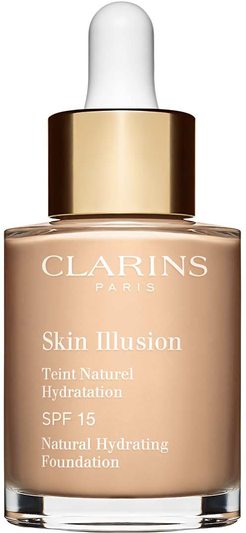 Een flesje Clarins Skin Illusion Foundation met een witte druppelkop en gouden band.