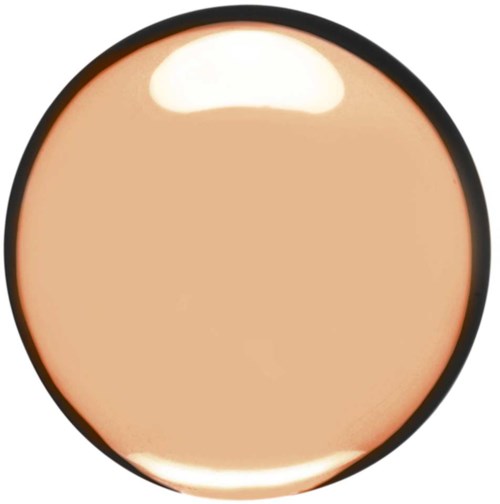 A round compact with beige pressed powder and a shiny, reflective surface. It has a black outer edge.