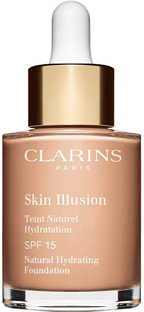 A foundation bottle from Clarins with a white dropper cap and beige liquid inside.