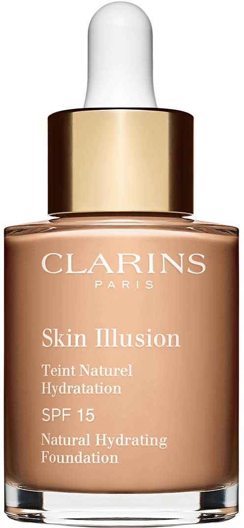Clarins Skin Illusion foundation bottle with a white dropper cap and gold accents.