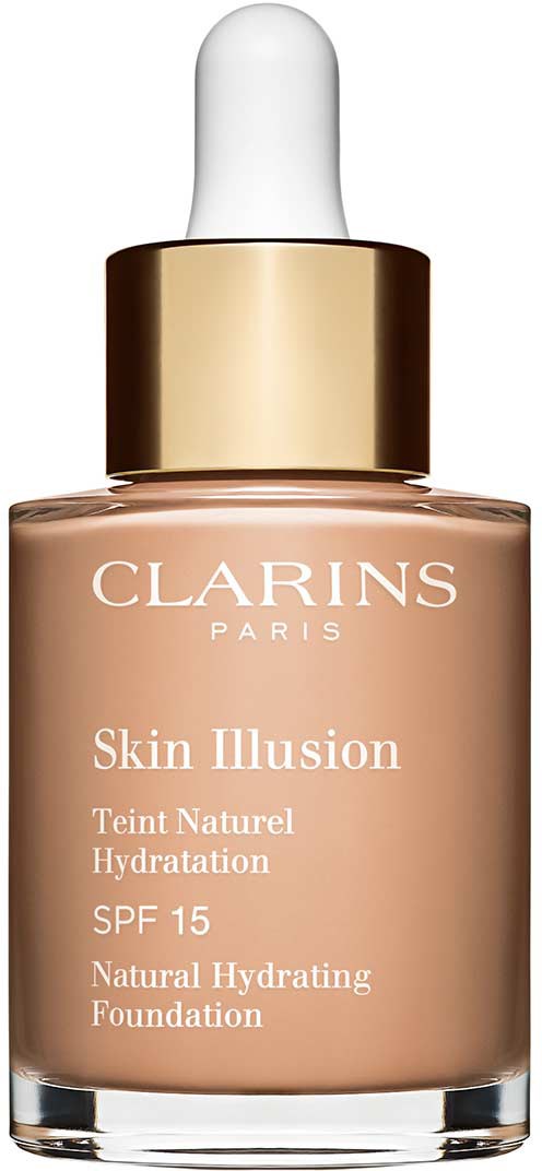 A bottle of Clarins Skin Illusion foundation with a white dropper and gold cap.