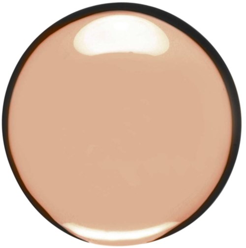 A round makeup compact with beige pressed powder, under a black lid, showing a shiny reflection on top.