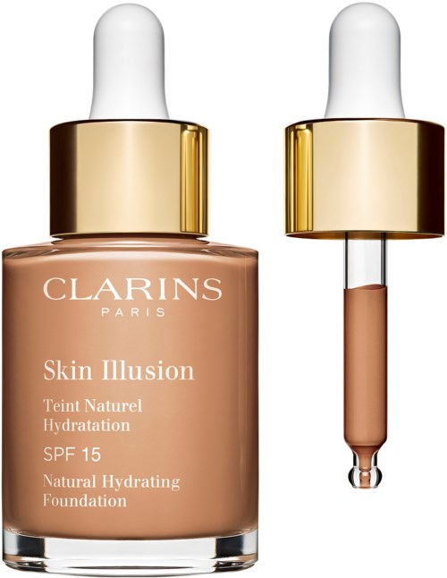 A foundation bottle with a dropper, labeled Clarins Skin Illusion, SPF 15, natural hydration.