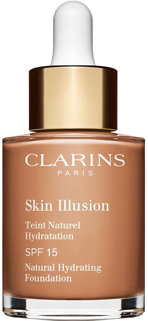 A bottle of Clarins Skin Illusion foundation with a dropper and gold cap, labeled for hydration and SPF 15.