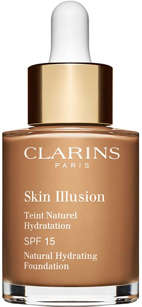 A skincare product bottle labeled Skin Illusion, Clarins Paris, SPF 15, for natural hydration.
