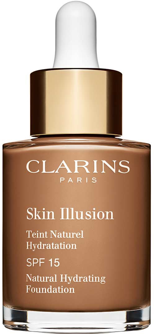 A bottle of Clarins Skin Illusion foundation with a white dropper lid. It is labeled as natural hydrating with SPF 15.